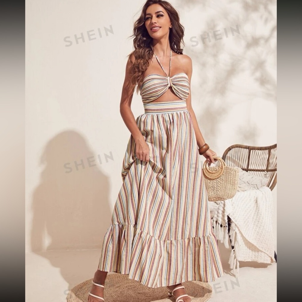 SHEIN x Tarsha Whitmore Vacay Cutout Detail Striped ruffle hem halter dress